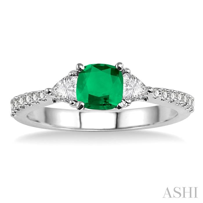 5x5 MM Cushion Cut Emerald and 1/3 Ctw Diamond Precious Ring in 14K White Gold