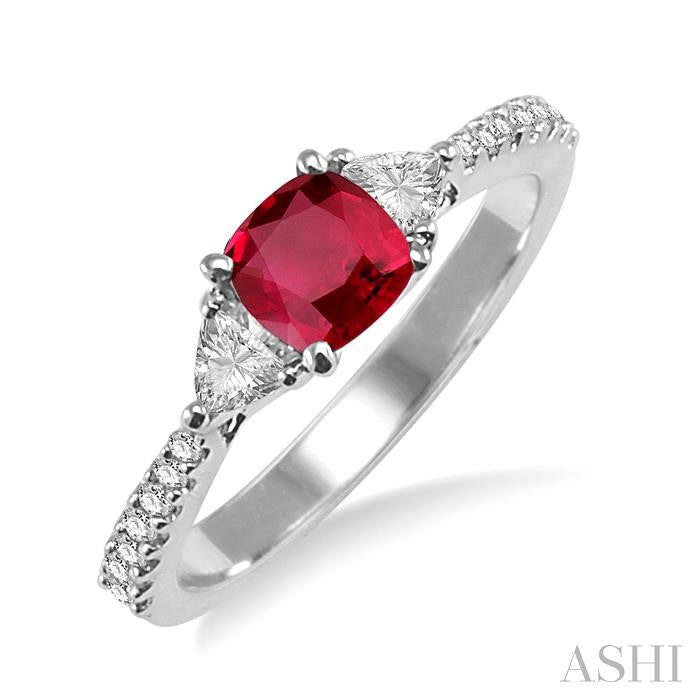 5x5 MM Cushion Cut Ruby and 1/3 Ctw Diamond Precious Ring in 14K White Gold