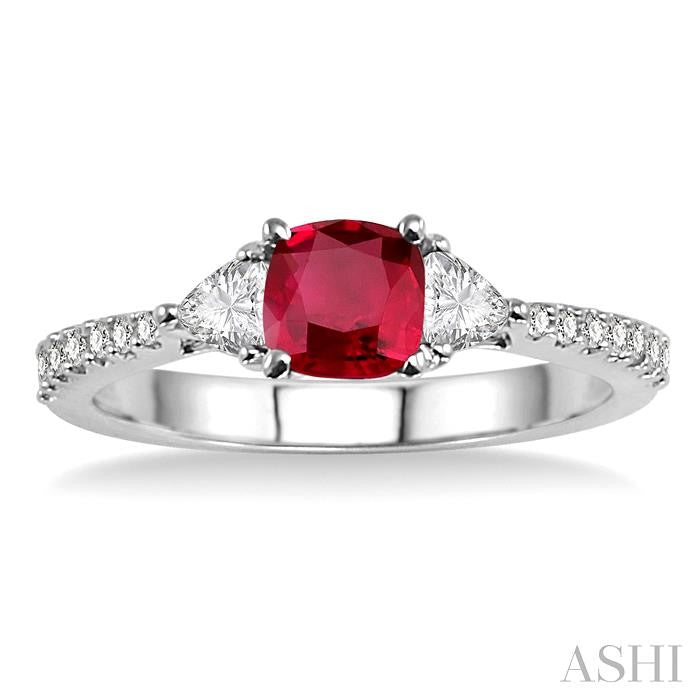 5x5 MM Cushion Cut Ruby and 1/3 Ctw Diamond Precious Ring in 14K White Gold