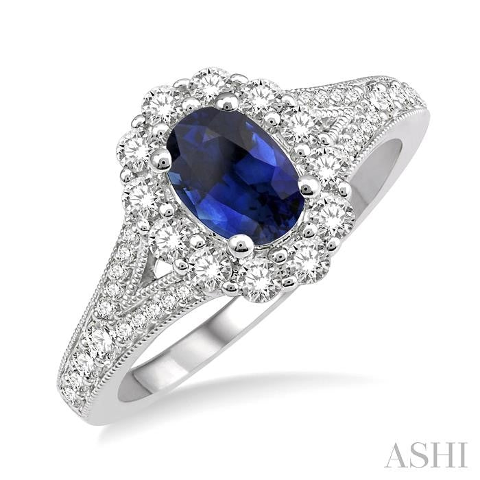 6X4 MM Oval Shape Sapphire Center and 3/8 Ctw Round Cut Diamond Precious Stone Ring in 14K White Gold