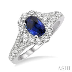 6X4 MM Oval Shape Sapphire Center and 3/8 Ctw Round Cut Diamond Precious Stone Ring in 14K White Gold