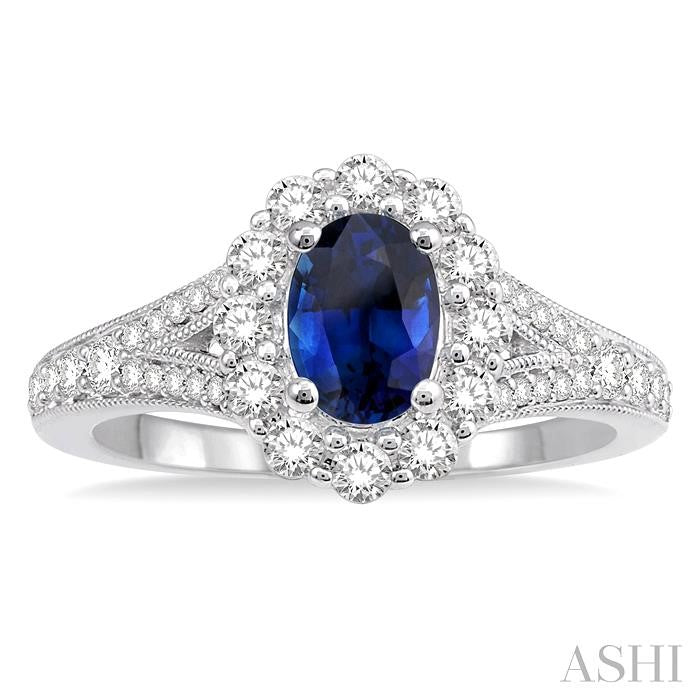 6X4 MM Oval Shape Sapphire Center and 3/8 Ctw Round Cut Diamond Precious Stone Ring in 14K White Gold