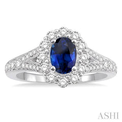 6X4 MM Oval Shape Sapphire Center and 3/8 Ctw Round Cut Diamond Precious Stone Ring in 14K White Gold