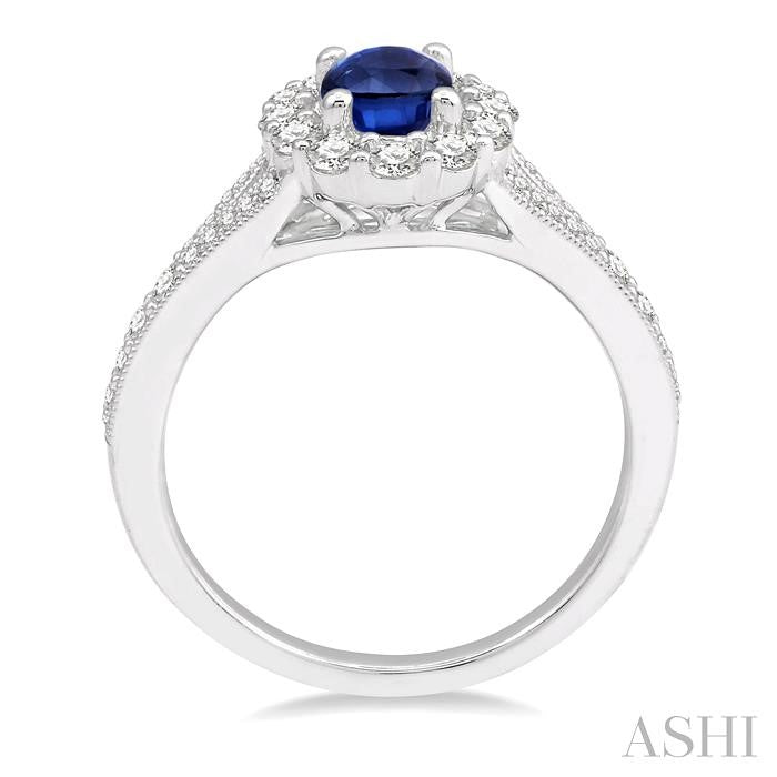 6X4 MM Oval Shape Sapphire Center and 3/8 Ctw Round Cut Diamond Precious Stone Ring in 14K White Gold