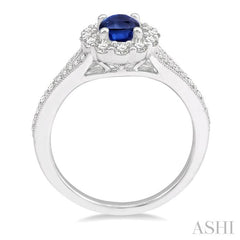 6X4 MM Oval Shape Sapphire Center and 3/8 Ctw Round Cut Diamond Precious Stone Ring in 14K White Gold
