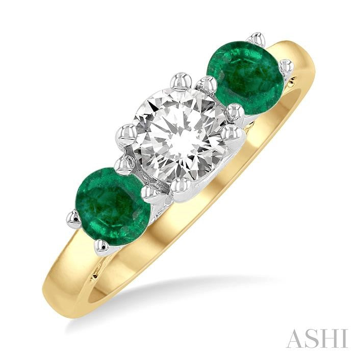 4.65 MM Round Shape Past, Present and Future Emerald and 3/4 Ctw Round Cut Diamond Precious Ring in 14K Yellow and White Gold