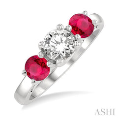 4.65 MM Round Cut Ruby and 3/4 Ctw Past, Present and Future Round Cut Diamond Precious Ring in 14K White Gold