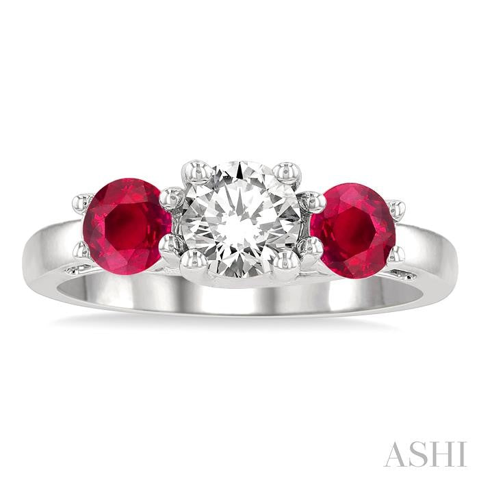 4.65 MM Round Cut Ruby and 3/4 Ctw Past, Present and Future Round Cut Diamond Precious Ring in 14K White Gold