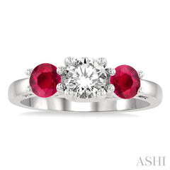 4.65 MM Round Cut Ruby and 3/4 Ctw Past, Present and Future Round Cut Diamond Precious Ring in 14K White Gold