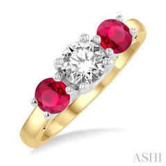 4.65 MM Round Shape Ruby and 3/4 Ctw Past, Present and Future Round Cut Diamond Precious Ring in 14K Yellow and White Gold