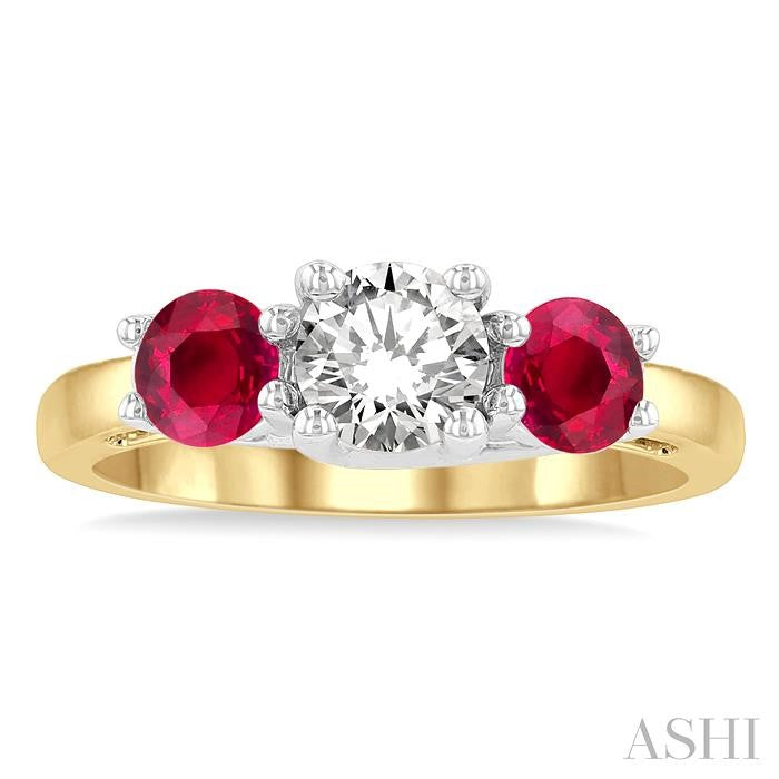 4.65 MM Round Shape Ruby and 3/4 Ctw Past, Present and Future Round Cut Diamond Precious Ring in 14K Yellow and White Gold