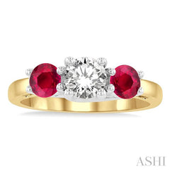 4.65 MM Round Shape Ruby and 3/4 Ctw Past, Present and Future Round Cut Diamond Precious Ring in 14K Yellow and White Gold