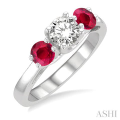 4.30 MM Round Cut Ruby and 5/8 Ctw Past, Present and Future Round Cut Diamond Precious Ring in 14K White Gold