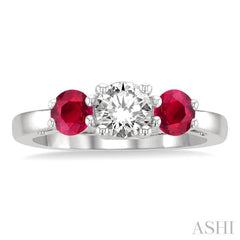 4.30 MM Round Cut Ruby and 5/8 Ctw Past, Present and Future Round Cut Diamond Precious Ring in 14K White Gold
