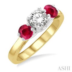 4.30 MM Round Shape Ruby and 5/8 Ctw Past, Present and Future Round Cut Diamond Precious Ring in 14K Yellow and White Gold