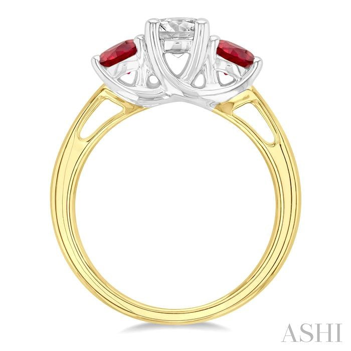 4.30 MM Round Shape Ruby and 5/8 Ctw Past, Present and Future Round Cut Diamond Precious Ring in 14K Yellow and White Gold