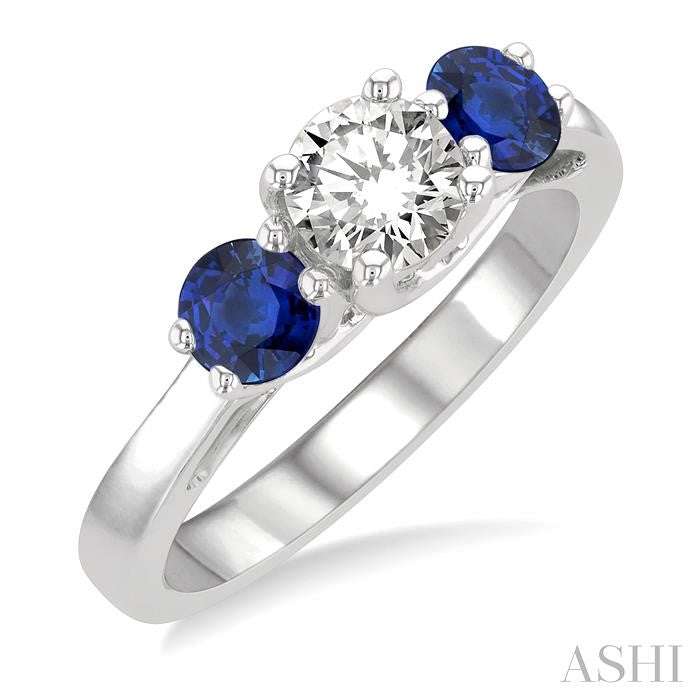 4.30 MM Round Shape Sapphire and 5/8 Ctw Past, Present and Future Round Cut Diamond Precious Ring in 14K White Gold
