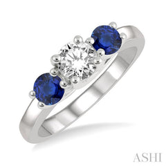 3.90 MM Round Shape Sapphire and 1/2 Ctw Past, Present and Future Round Cut Diamond Precious Ring in 14K White Gold