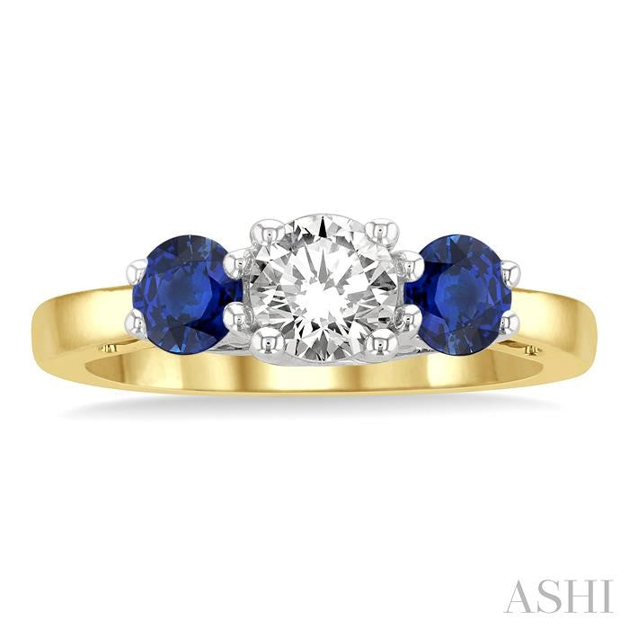 4.30 MM Round Shape Sapphire and 5/8 Ctw Past, Present and Future Round Cut Diamond Precious Ring in 14K Yellow and White Gold
