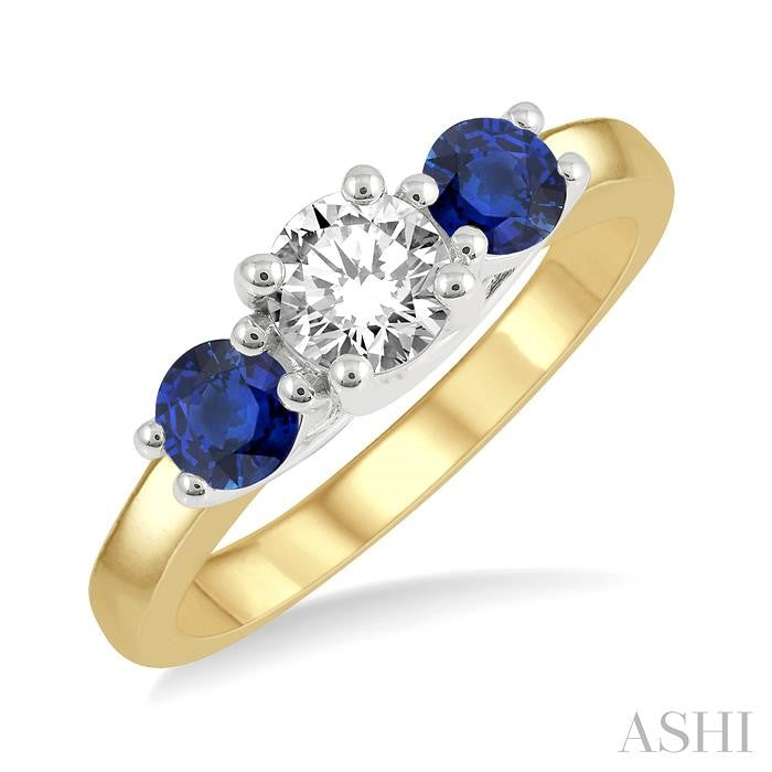 3.90 MM Round Shape Sapphire and 1/2 Ctw Past, Present and Future Round Cut Diamond Precious Ring in 14K Yellow and White Gold