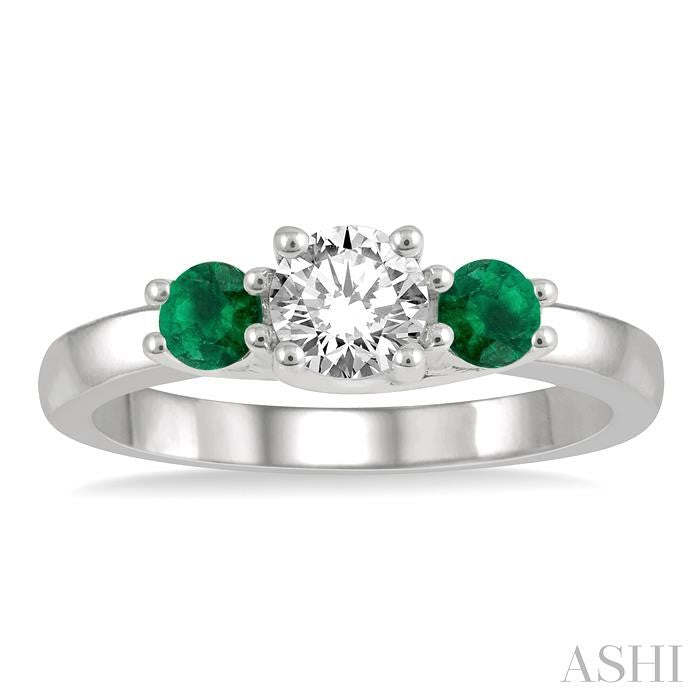 3.50 MM Round Shape Emerald and 3/8 Ctw Past, Present and Future Round Cut Diamond Precious Ring in 14K White Gold