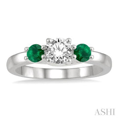 3.50 MM Round Shape Emerald and 3/8 Ctw Past, Present and Future Round Cut Diamond Precious Ring in 14K White Gold