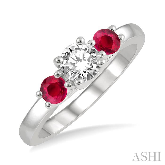 3.50 MM Round Cut Ruby and 3/8 Ctw Past, Present and Future Round Cut Diamond Precious Ring in 14K White Gold