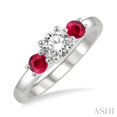 3.50 MM Round Cut Ruby and 3/8 Ctw Past, Present and Future Round Cut Diamond Precious Ring in 14K White Gold