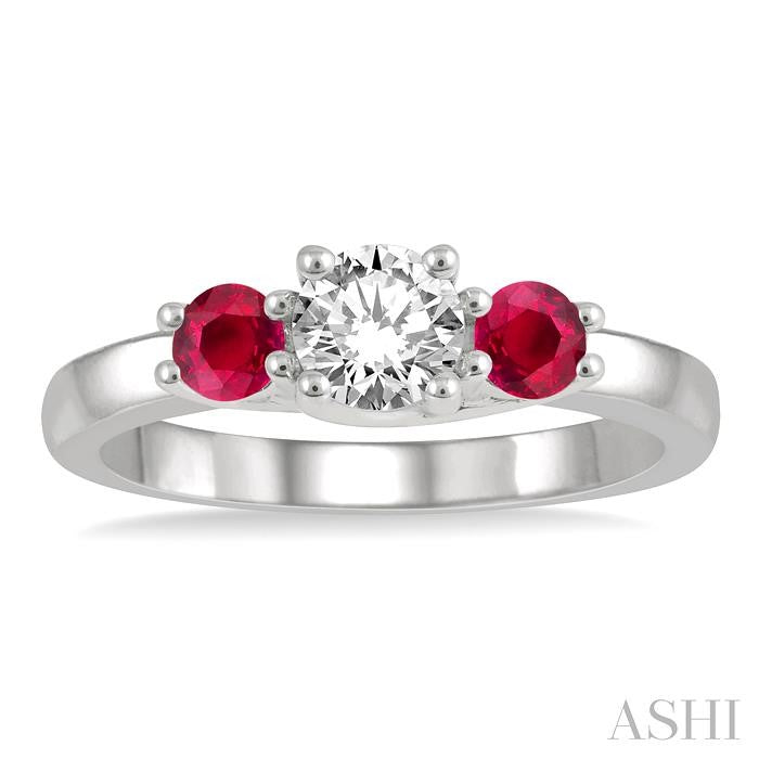 3.50 MM Round Cut Ruby and 3/8 Ctw Past, Present and Future Round Cut Diamond Precious Ring in 14K White Gold