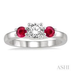 3.50 MM Round Cut Ruby and 3/8 Ctw Past, Present and Future Round Cut Diamond Precious Ring in 14K White Gold