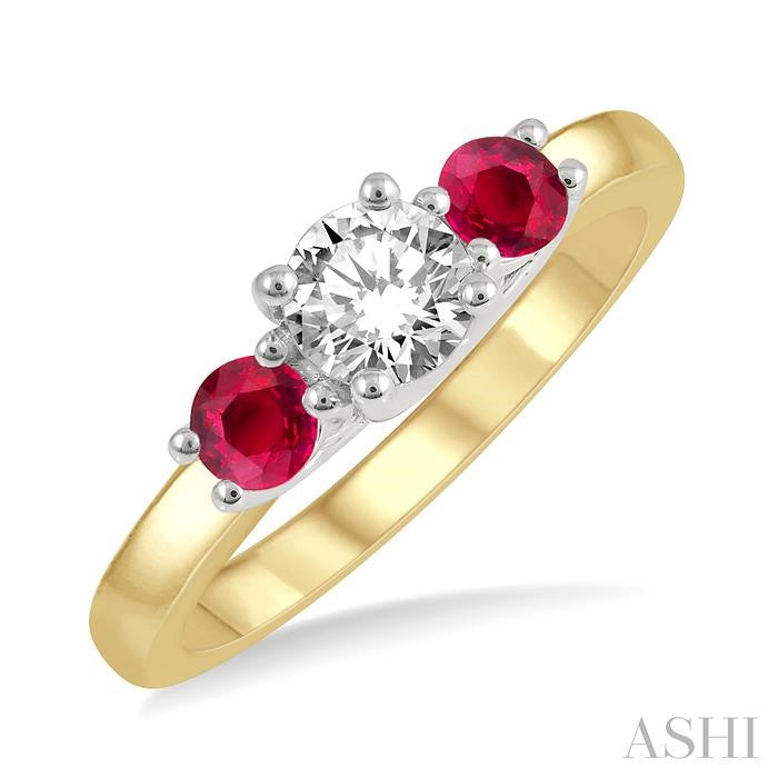 3.50 MM Round Shape Ruby and 3/8 Ctw Past, Present and Future Round Cut Diamond Precious Ring in 14K Yellow and White Gold