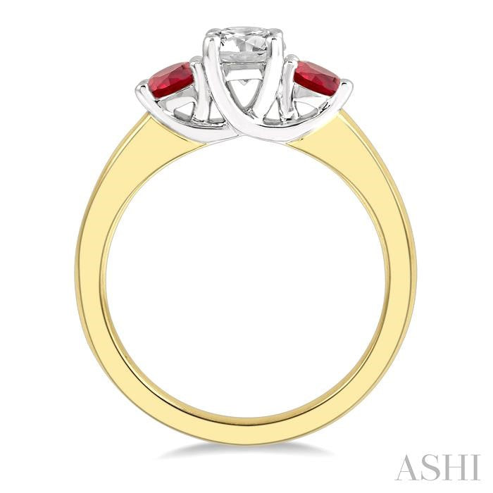 3.50 MM Round Shape Ruby and 3/8 Ctw Past, Present and Future Round Cut Diamond Precious Ring in 14K Yellow and White Gold