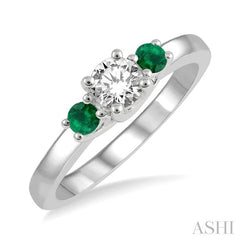 2.70 MM Round Shape Emerald and 1/3 Ctw Past, Present and Future Round Cut Diamond Precious Ring in 14K White Gold