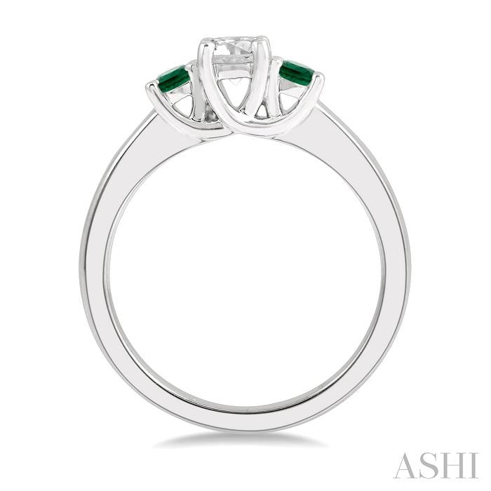 2.70 MM Round Shape Emerald and 1/3 Ctw Past, Present and Future Round Cut Diamond Precious Ring in 14K White Gold