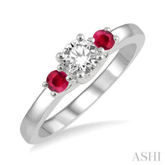 2.70 MM Round Cut Ruby and 1/3 Ctw Past, Present and Future Round Cut Diamond Precious Ring in 14K White Gold