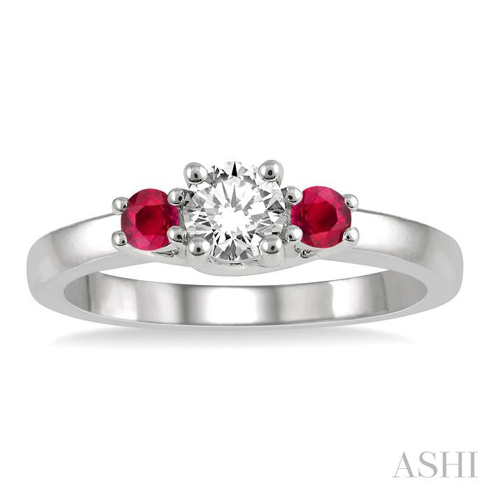 2.70 MM Round Cut Ruby and 1/3 Ctw Past, Present and Future Round Cut Diamond Precious Ring in 14K White Gold