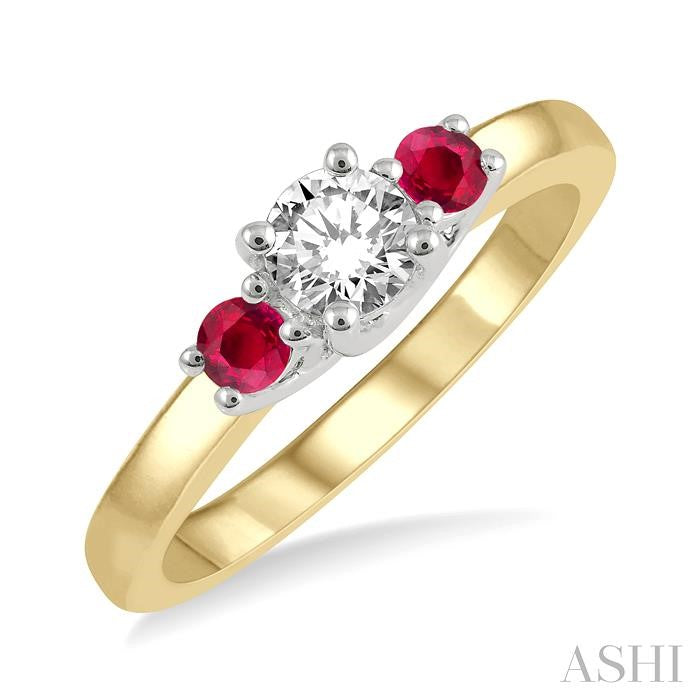 2.70 MM Round Shape Ruby and 1/3 Ctw Past, Present and Future Round Cut Diamond Precious Ring in 14K Yellow and White Gold