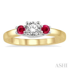 2.70 MM Round Shape Ruby and 1/3 Ctw Past, Present and Future Round Cut Diamond Precious Ring in 14K Yellow and White Gold