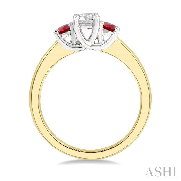 2.70 MM Round Shape Ruby and 1/3 Ctw Past, Present and Future Round Cut Diamond Precious Ring in 14K Yellow and White Gold