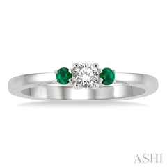 2.15 MM Round Shape Emerald and 1/6 Ctw Past, Present and Future Round Cut Diamond Precious Ring in 14K White Gold