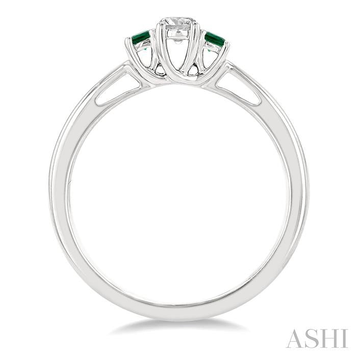 2.15 MM Round Shape Emerald and 1/6 Ctw Past, Present and Future Round Cut Diamond Precious Ring in 14K White Gold