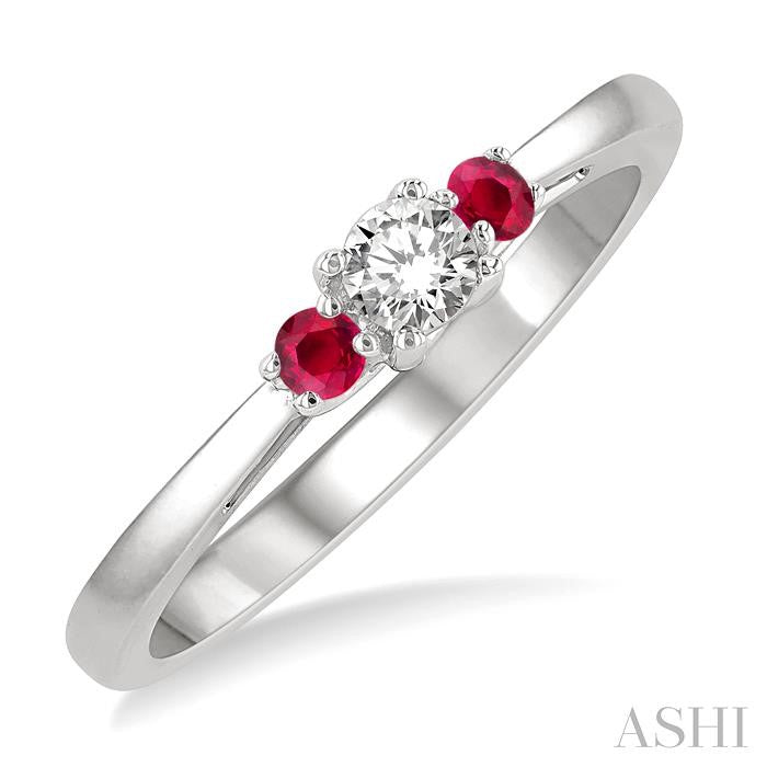 2.15 MM Round Cut Ruby and 1/6 Ctw Past, Present and Future Round Cut Diamond Precious Ring in 14K White Gold