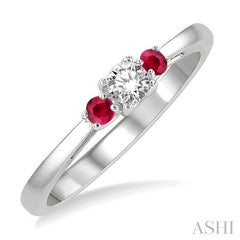 2.15 MM Round Cut Ruby and 1/6 Ctw Past, Present and Future Round Cut Diamond Precious Ring in 14K White Gold