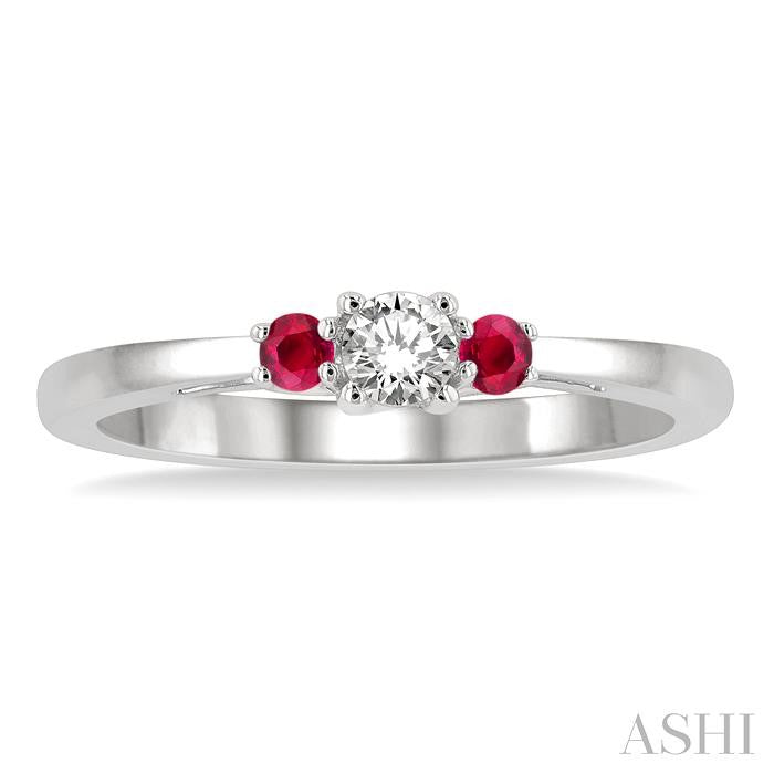2.15 MM Round Cut Ruby and 1/6 Ctw Past, Present and Future Round Cut Diamond Precious Ring in 14K White Gold
