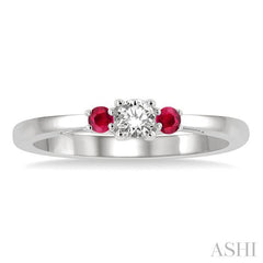 2.15 MM Round Cut Ruby and 1/6 Ctw Past, Present and Future Round Cut Diamond Precious Ring in 14K White Gold