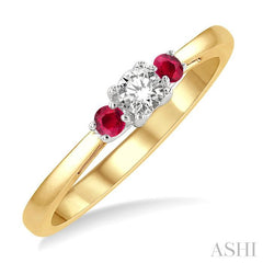 2.15 MM Round Shape Ruby and 1/6 Ctw Past, Present and Future Round Cut Diamond Precious Ring in 14K Yellow and White Gold