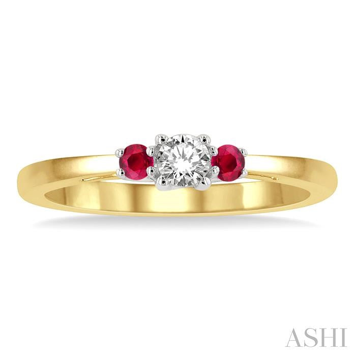 2.15 MM Round Shape Ruby and 1/6 Ctw Past, Present and Future Round Cut Diamond Precious Ring in 14K Yellow and White Gold
