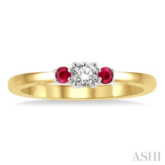 2.15 MM Round Shape Ruby and 1/6 Ctw Past, Present and Future Round Cut Diamond Precious Ring in 14K Yellow and White Gold