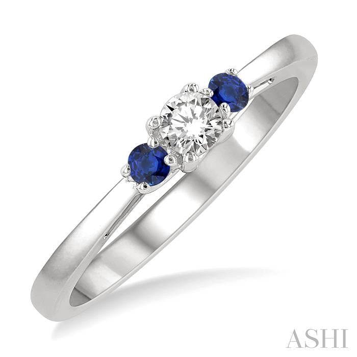 2.15 MM Round Shape Sapphire and 1/6 Ctw Past, Present and Future Round Cut Diamond Precious Ring in 14K White Gold
