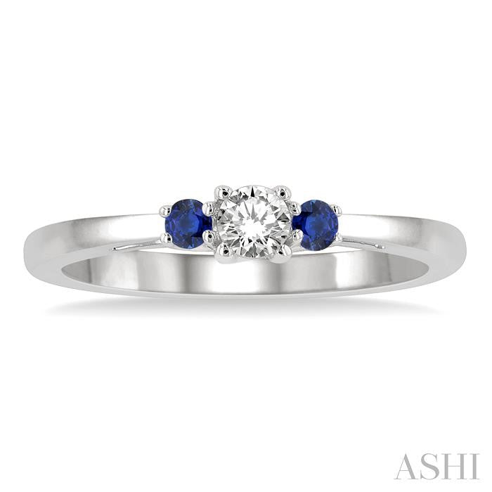 2.15 MM Round Shape Sapphire and 1/6 Ctw Past, Present and Future Round Cut Diamond Precious Ring in 14K White Gold